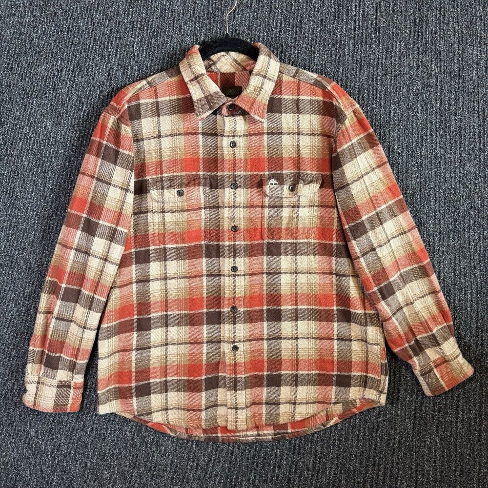 Timberland Flannel Shirt Men’s Heavyweight Orange Brown Plaid Shacket Sz Large